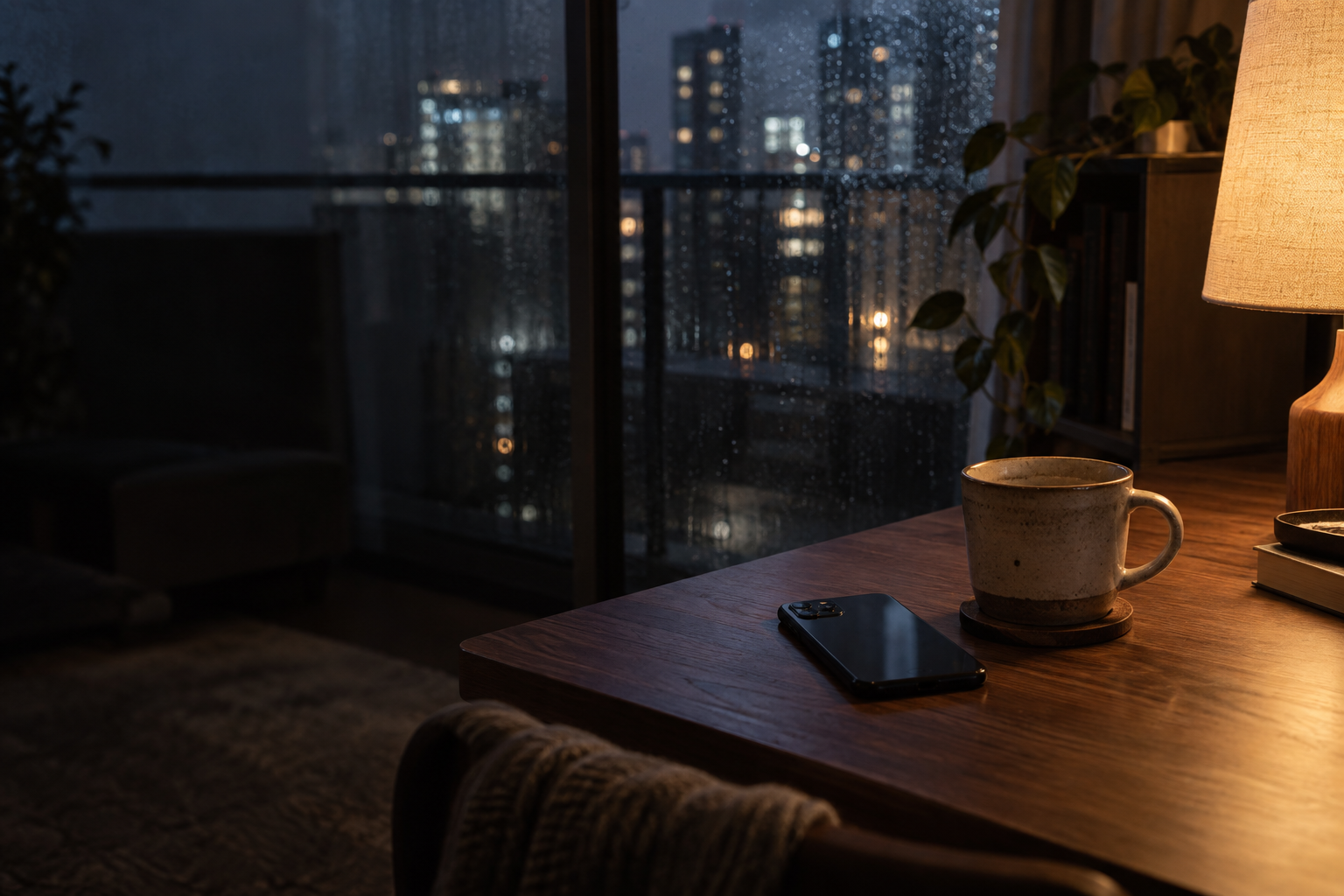 夜の木のテーブルに伏せたスマートフォンと温かい飲み物